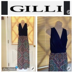 Gilli maxi dress navy cross front top multi colored print skirt nwot never worn